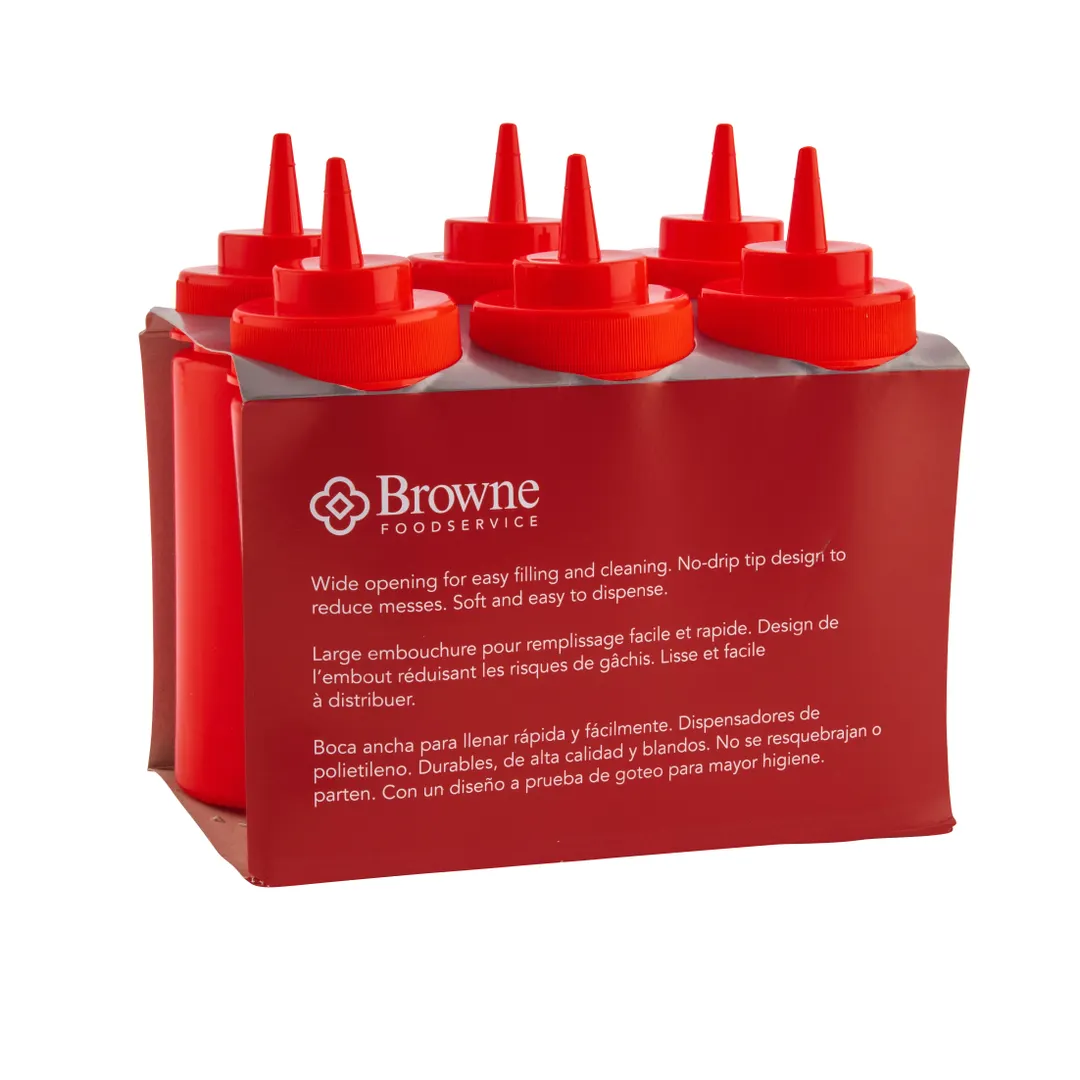 Browne USA 57801705 Squeeze Bottle, 16 oz Polyethylene Red with Wide Mouth, No‑Drip Tip - 6/Set