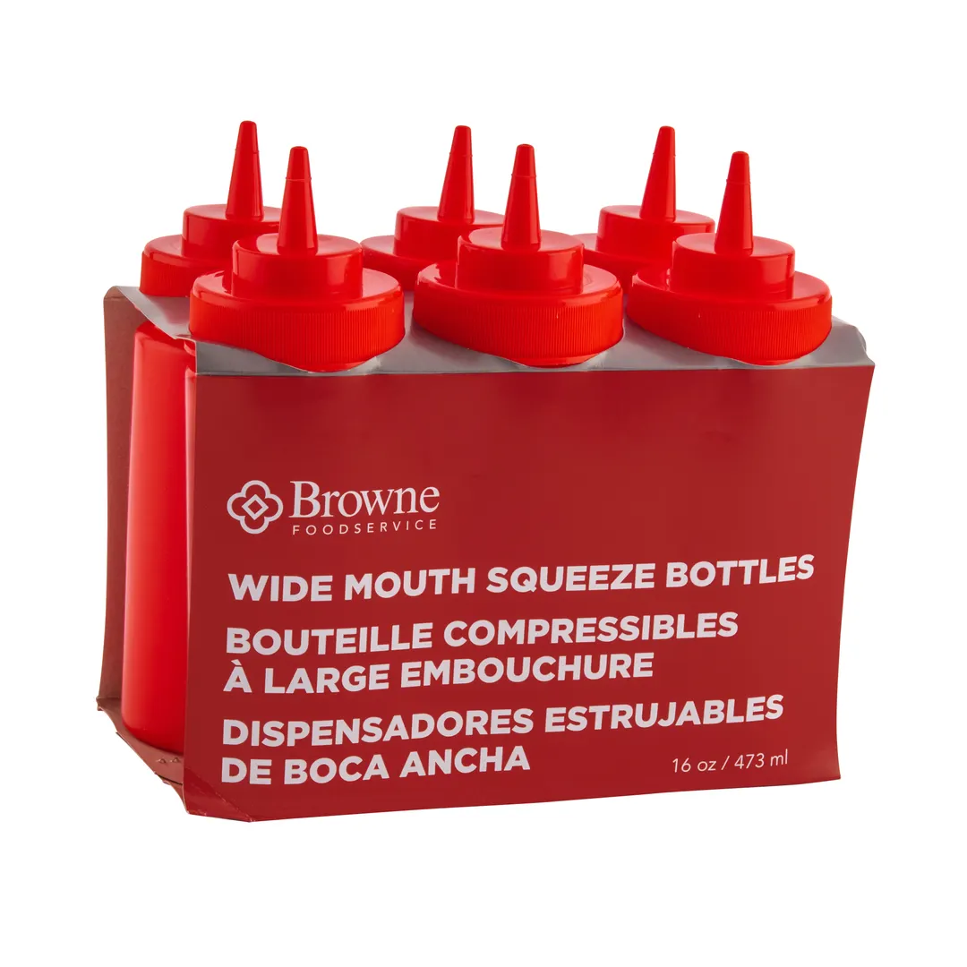 Browne USA 57801705 Squeeze Bottle, 16 oz Polyethylene Red with Wide Mouth, No‑Drip Tip - 6/Set