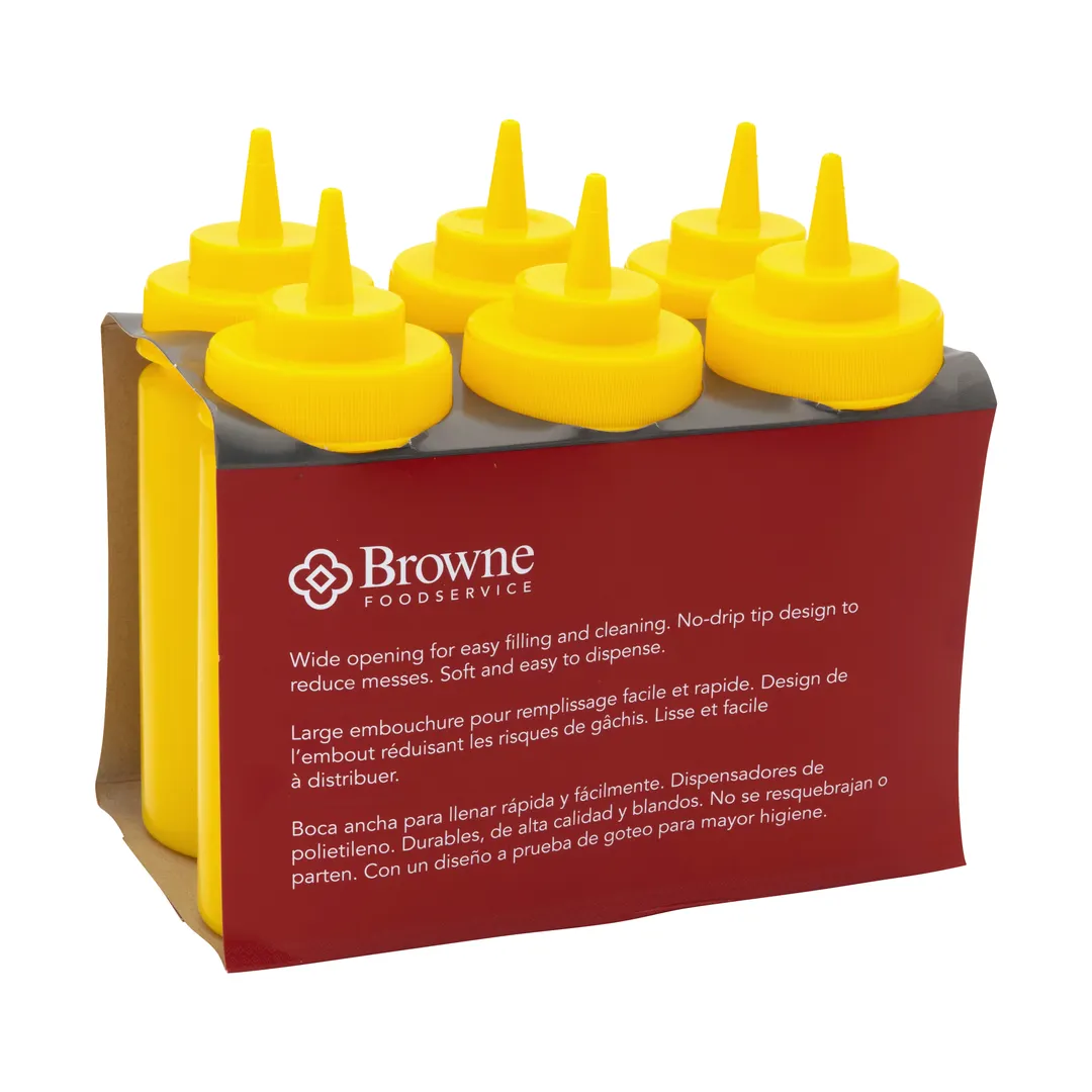 Browne USA 57801717 - 16 oz Yellow Polyethylene Squeeze Bottle, Wide Mouth, No‑Drip Tip - 6/Set