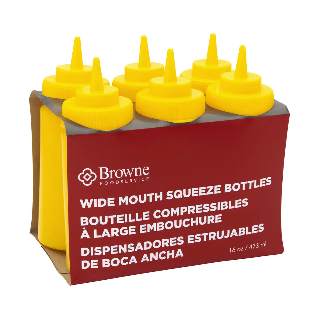 Browne USA 57801717 - 16 oz Yellow Polyethylene Squeeze Bottle, Wide Mouth, No‑Drip Tip - 6/Set