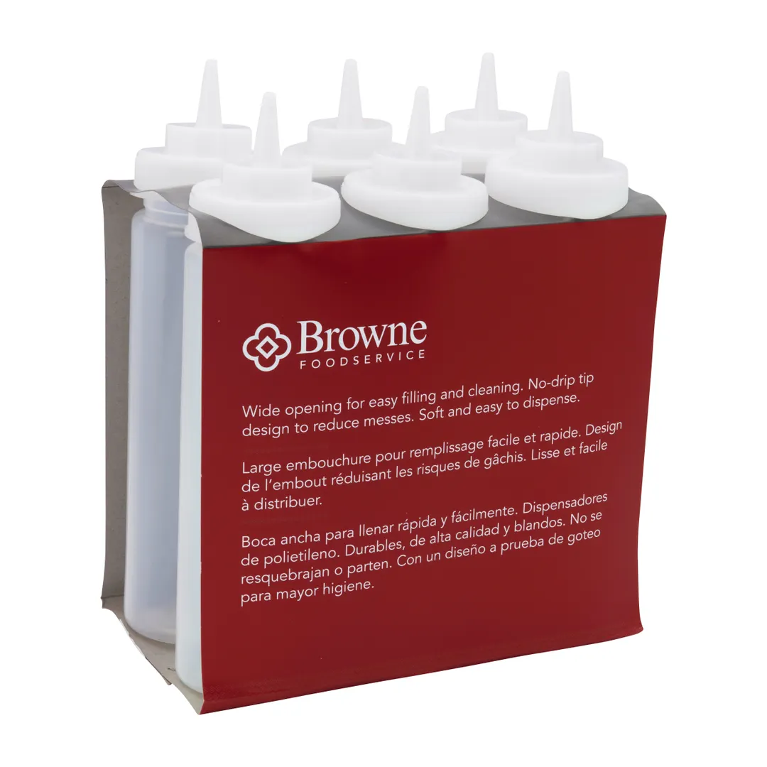 Browne USA 57802500 Squeeze Bottle 24 Oz Polyethylene Wide‑Mouth Single Tip Clear/White Cap - 6/Set
