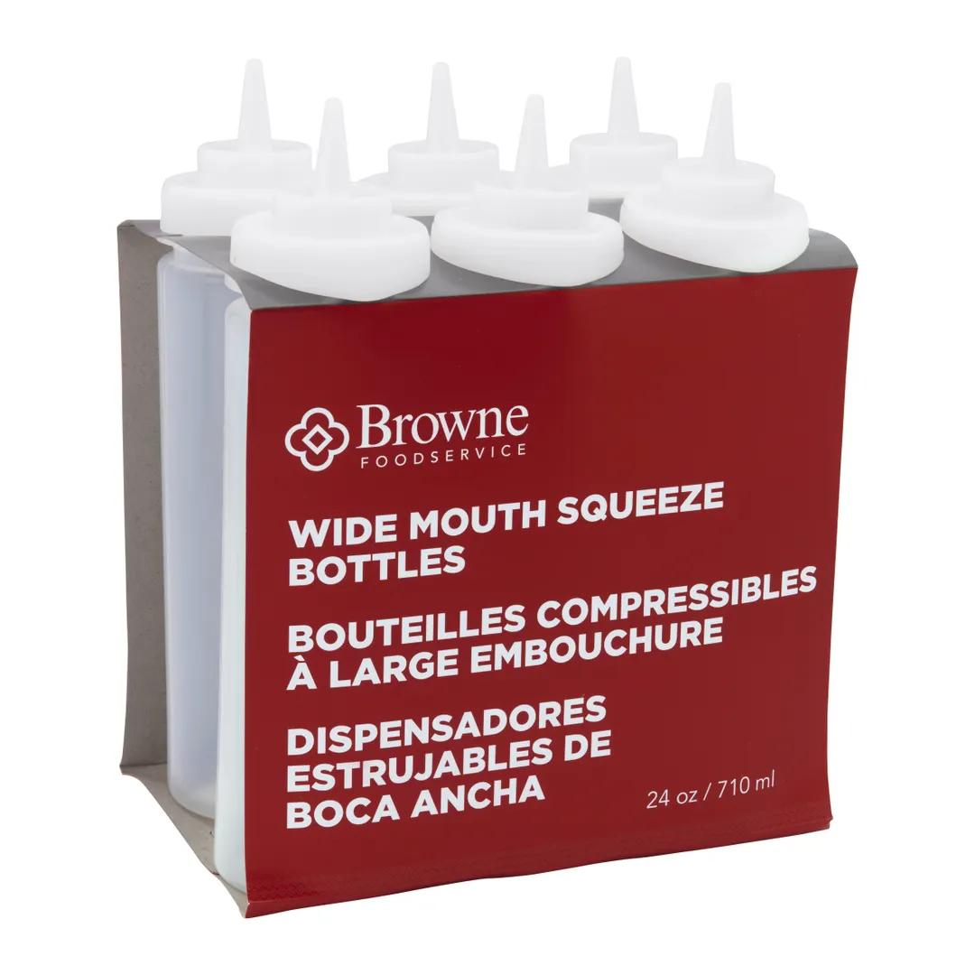 Browne USA 57802500 Squeeze Bottle 24 Oz Polyethylene Wide‑Mouth Single Tip Clear/White Cap - 6/Set