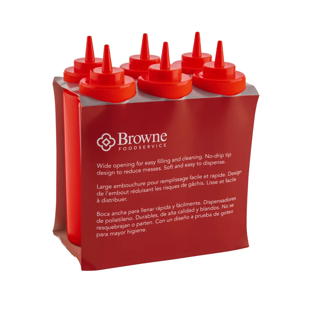 Browne USA 57802505 Squeeze Bottle, 24 oz Red Polyethylene, Wide Mouth, No‑Drip Single Tip - 6/Set