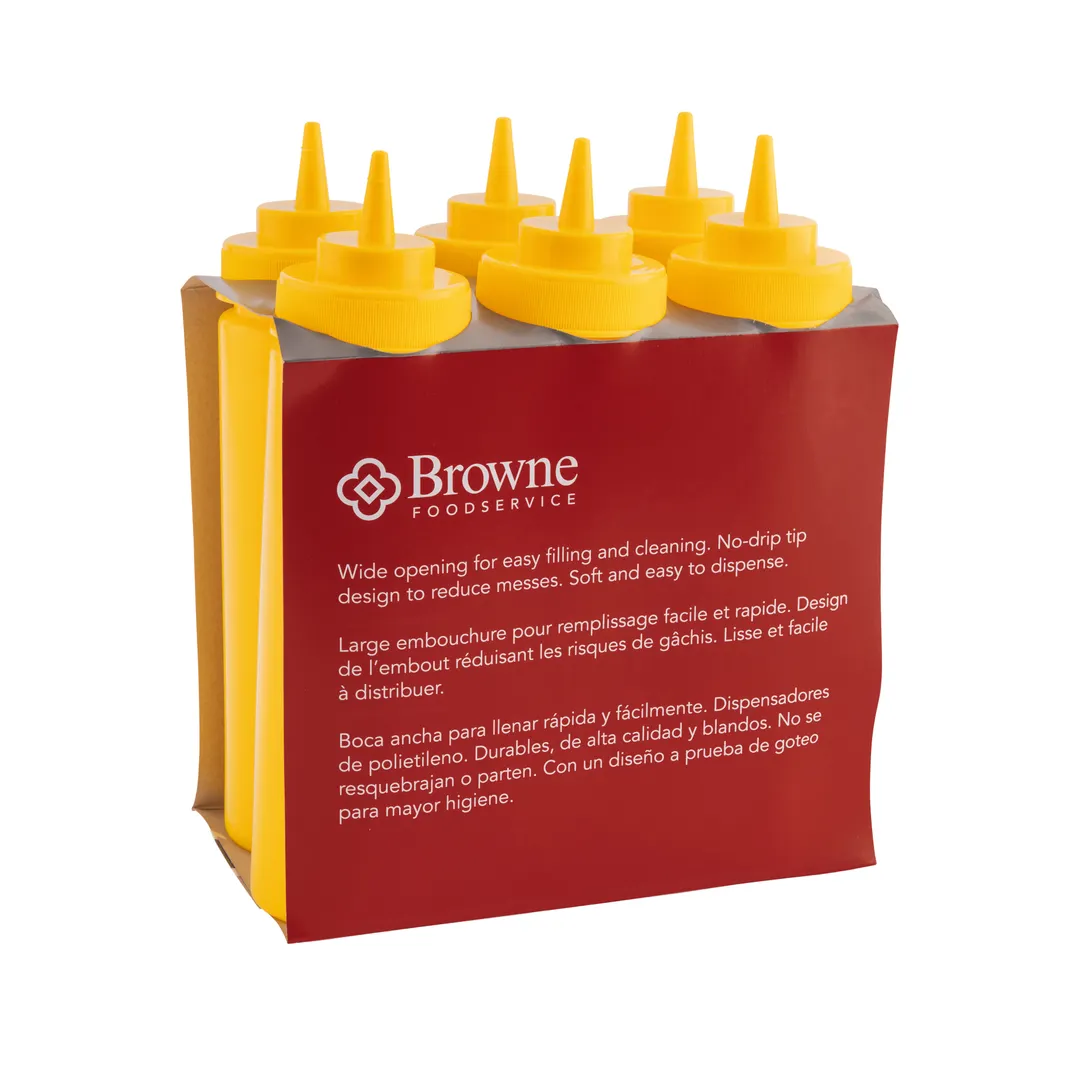 Browne USA 57802517 Squeeze Bottle, 24 oz, Wide Mouth, No‑Drip Tip, Polyethylene Yellow, 6/Set