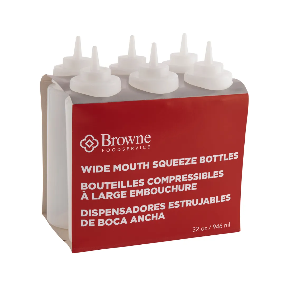 Browne USA 57803300 32 oz Clear Polyethylene Squeeze Bottle, Wide Mouth, No‑Drip Tip - 6/Set