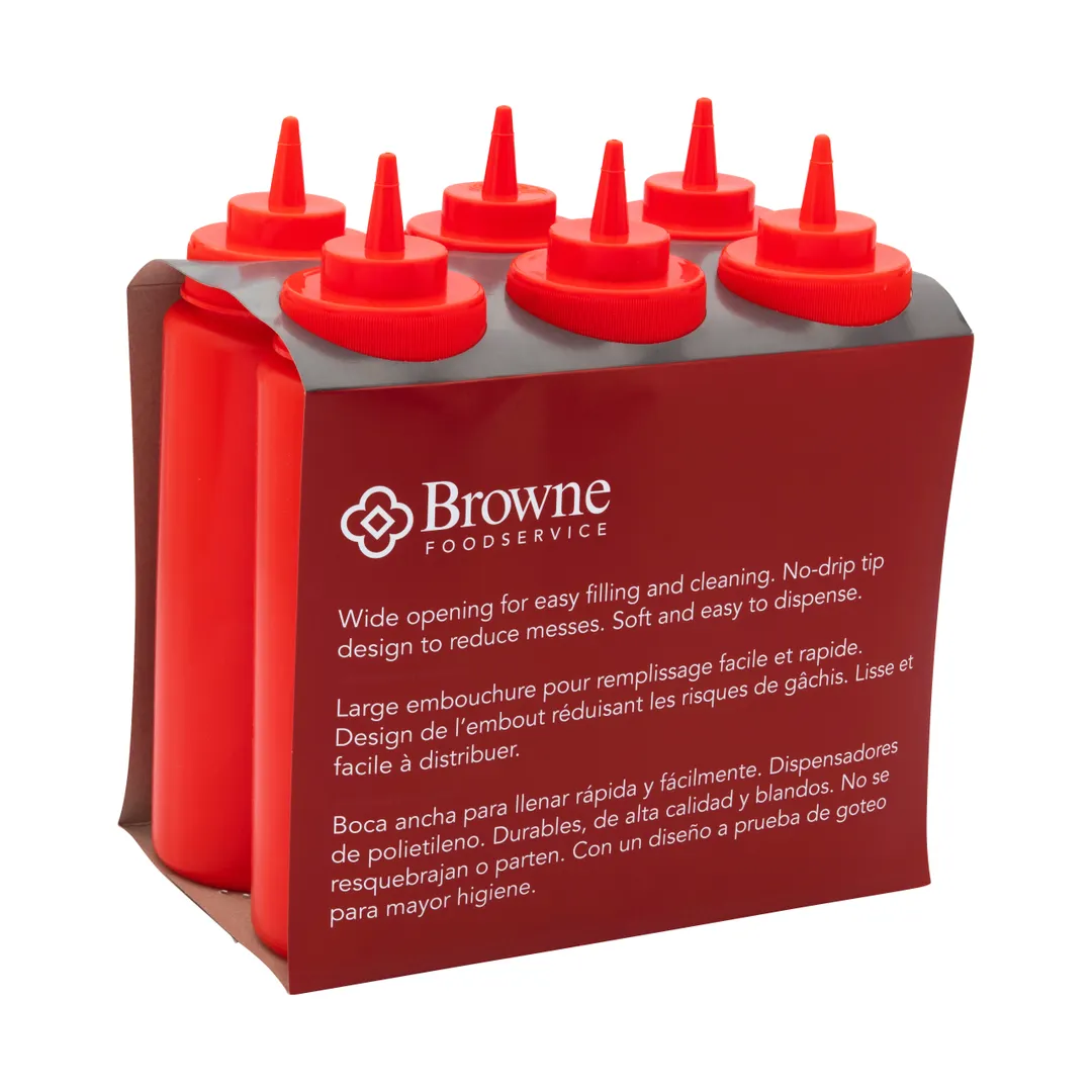 Browne USA 57803305 Squeeze Bottle, 32 Oz Red Polyethylene, Wide Mouth Single Tip - 6/Set