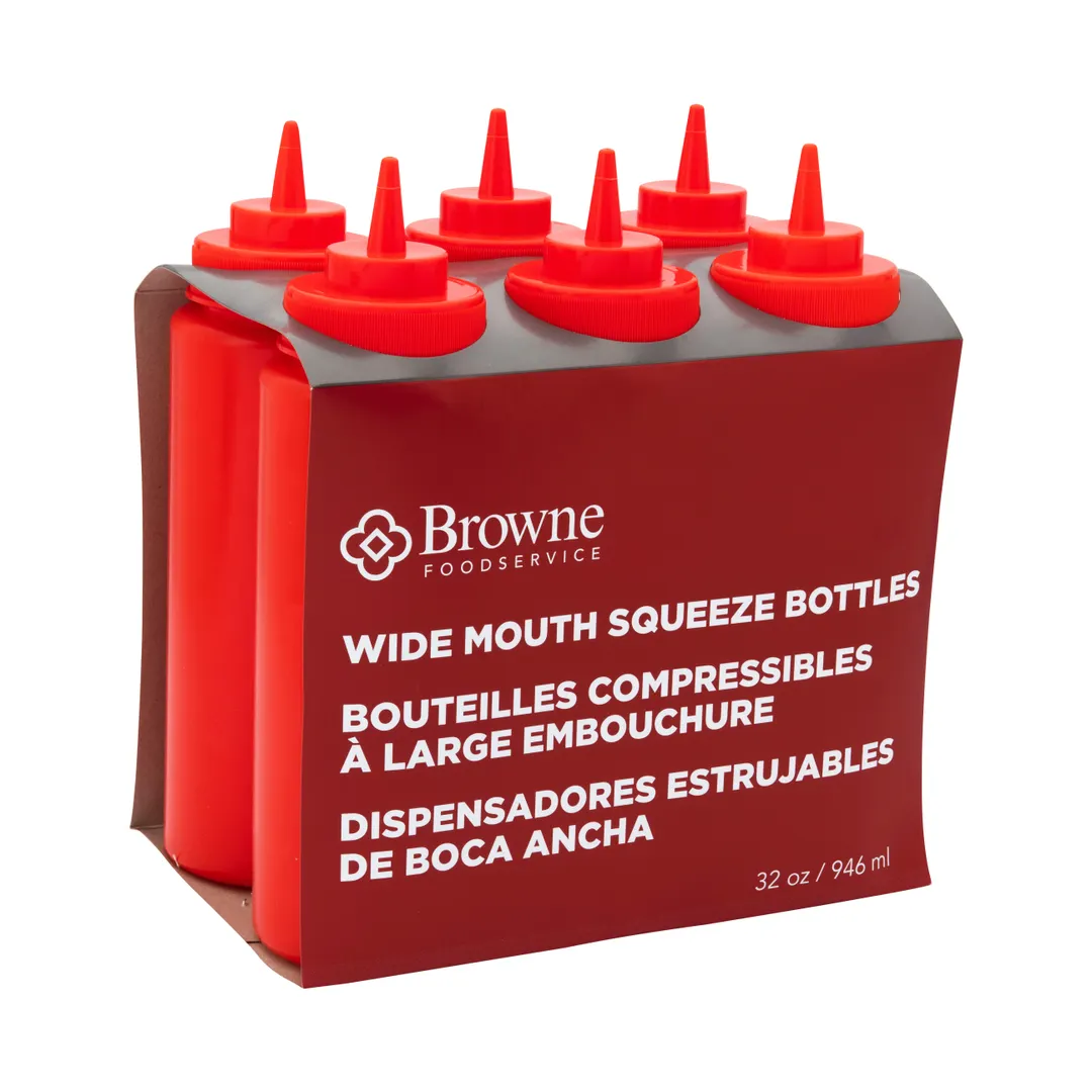 Browne USA 57803305 Squeeze Bottle, 32 Oz Red Polyethylene, Wide Mouth Single Tip - 6/Set