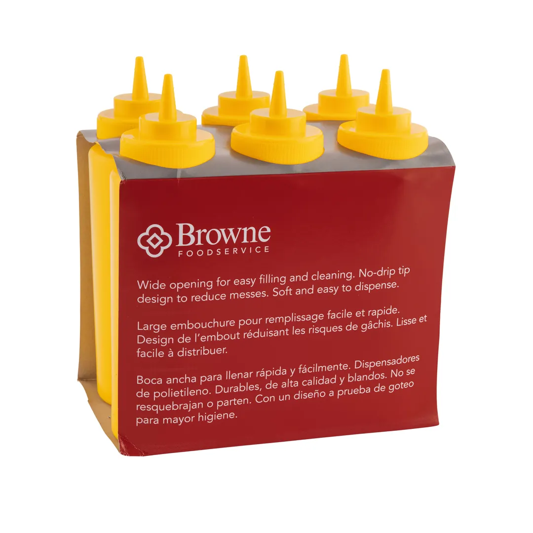 Browne USA 57803317 Squeeze Bottle, 32 oz Yellow Polyethylene, Wide‑Mouth No‑Drip Tip - 6/Set