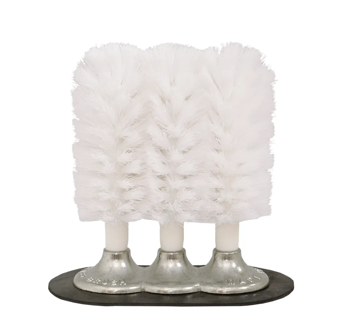 Browne USA 616113 Glass Washer, 8.5" Triple‑Head Brush, Suction Base, White Nylon, 3‑Brush Set