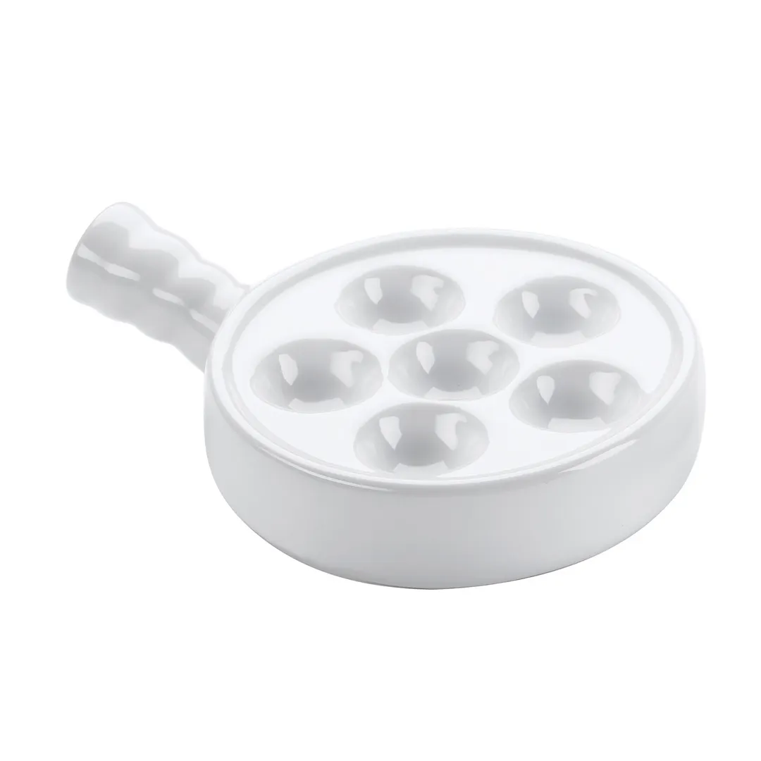 Browne USA 744042 Escargot Plate, 5" Diameter x 1-4/5" Height, 6-Hole Stoneware, White With Handle