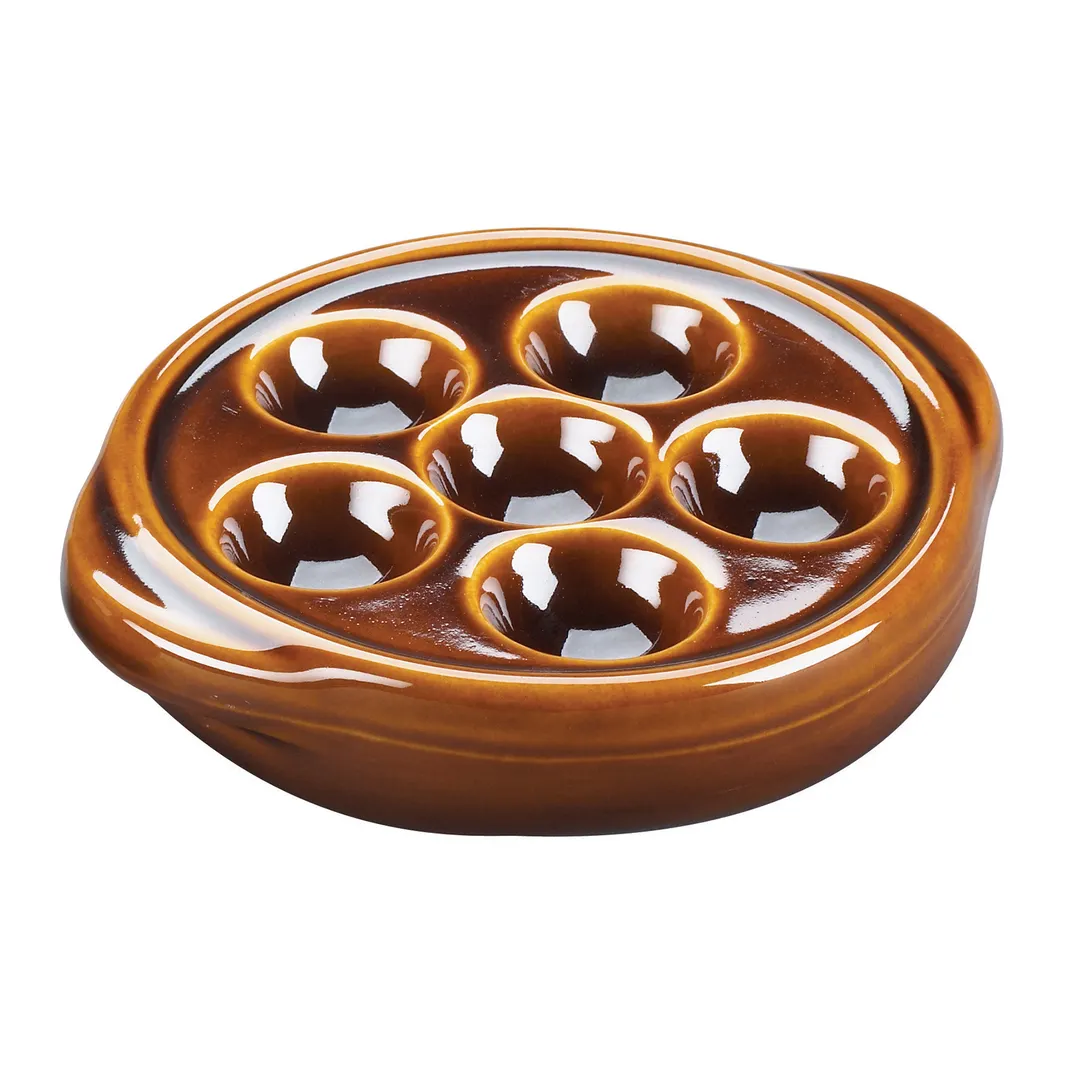 Browne USA 744046 Escargot Plate, 5" Diameter x 1.5" Height, Six-Hole Stoneware, Brown Ceramic