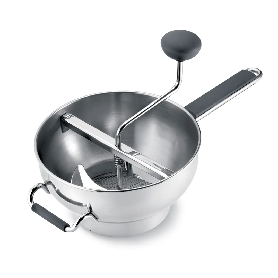 Browne USA 746479 Manual Food Mill, Stainless Steel, Auto Scraper, 3 Disks 2‑4 mm, Dishwasher Safe