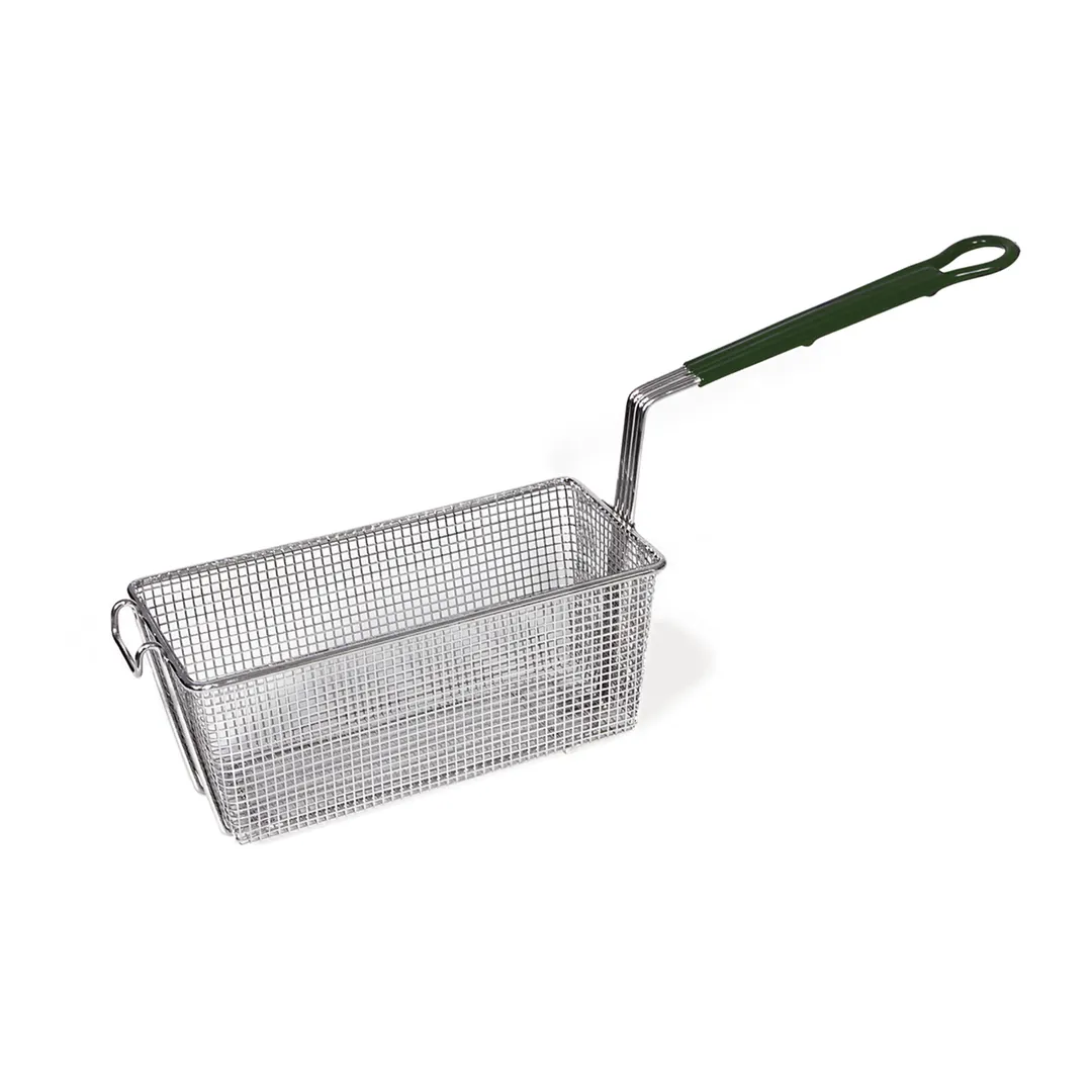 Browne USA 79213 Fryer Basket – 13" x 6.5" x 5" Nickel‑Plated Steel, Green Handle, Mesh, Floor