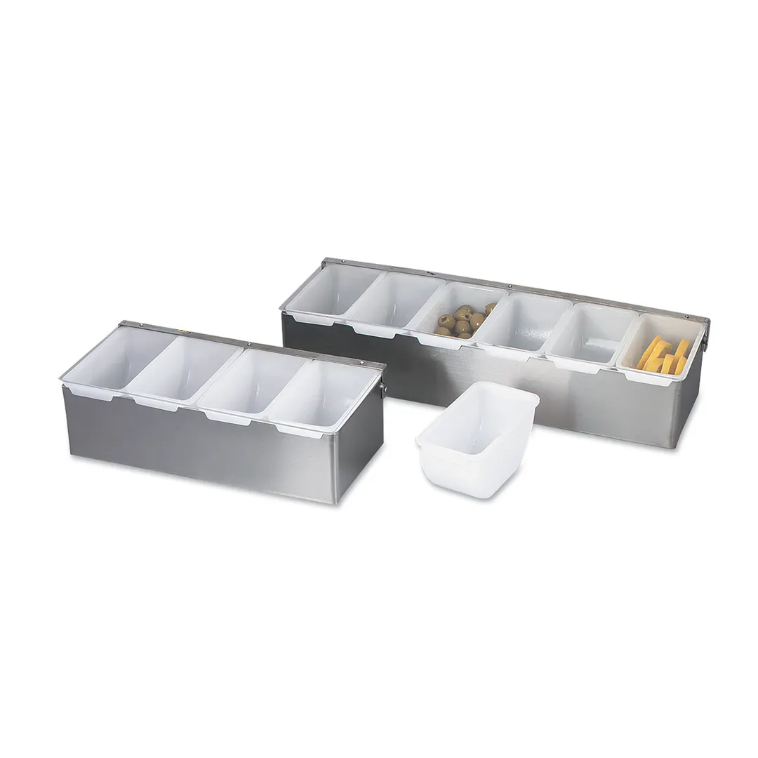 Browne USA 79302 Bar Tray, 5‑Comp, 14‑4/5"×5‑1/2"×3‑1/2", Silver‑Stainless, 5 1‑Pint Plastic Inserts