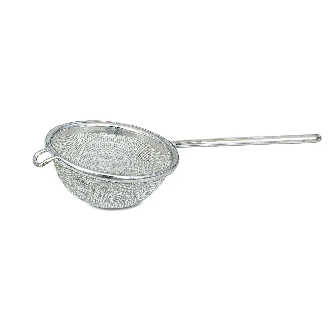 Browne USA 9091 Mesh Strainer – 2" Bowl, 4" L Handle, Fine Tin‑Plated Mesh, Pan Hook, Tinned