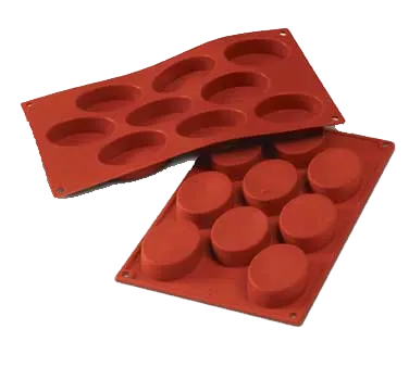 Louis Tellier SF018 Oval Mold, Red, 7" x 11-3/4" OA, 9 Sec 0.78"H×2.75", 6‑15 Cmp, Non‑Stick Silicone