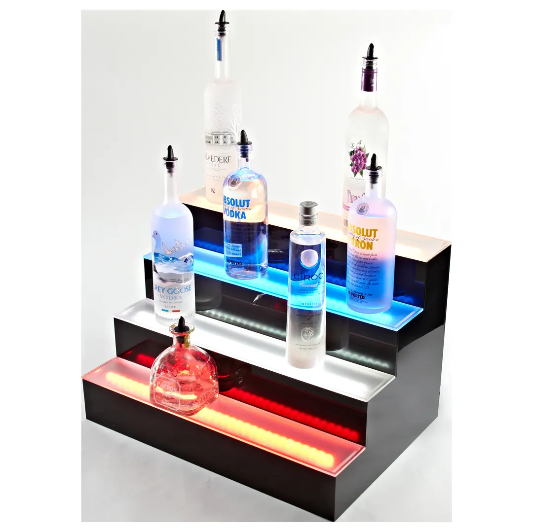 Victory LBD4-36L LED Lighted Liquor Display, 4‑Tier 36" Black Gloss, Acrylic Top, 32‑Bottle, Ctrl