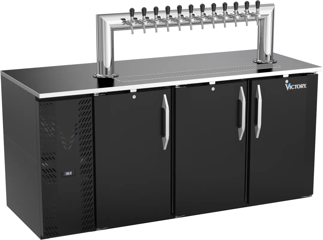 Victory VDD72HC-B-12T Keg Cooler, 72" W x 30" D x 49" H, Black 3½‑Keg, 12‑Tap Club‑Top, R290, 1/3 HP