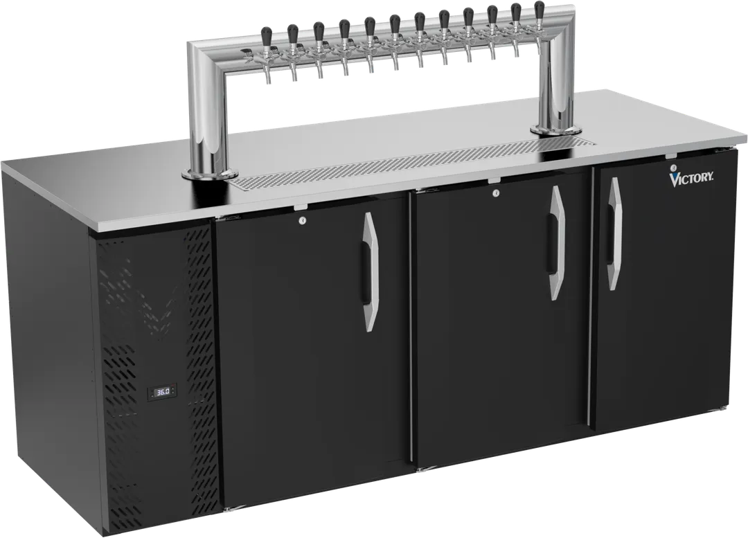 Victory VDD78HC-B-12T Bar Keg Cooler, 78" W, Black Exterior, 4-Barrel, 12-Tap, R290 Refrigerant