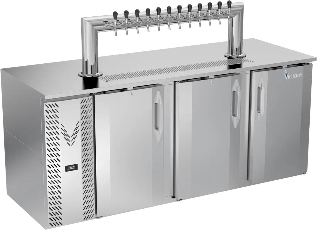 Victory VDD78HC-S-12T Keg Cooler, 78"W x 30"D x 49"H, Steel, 4 Kegs, 12‑Tap Tower, Door Locks, R290