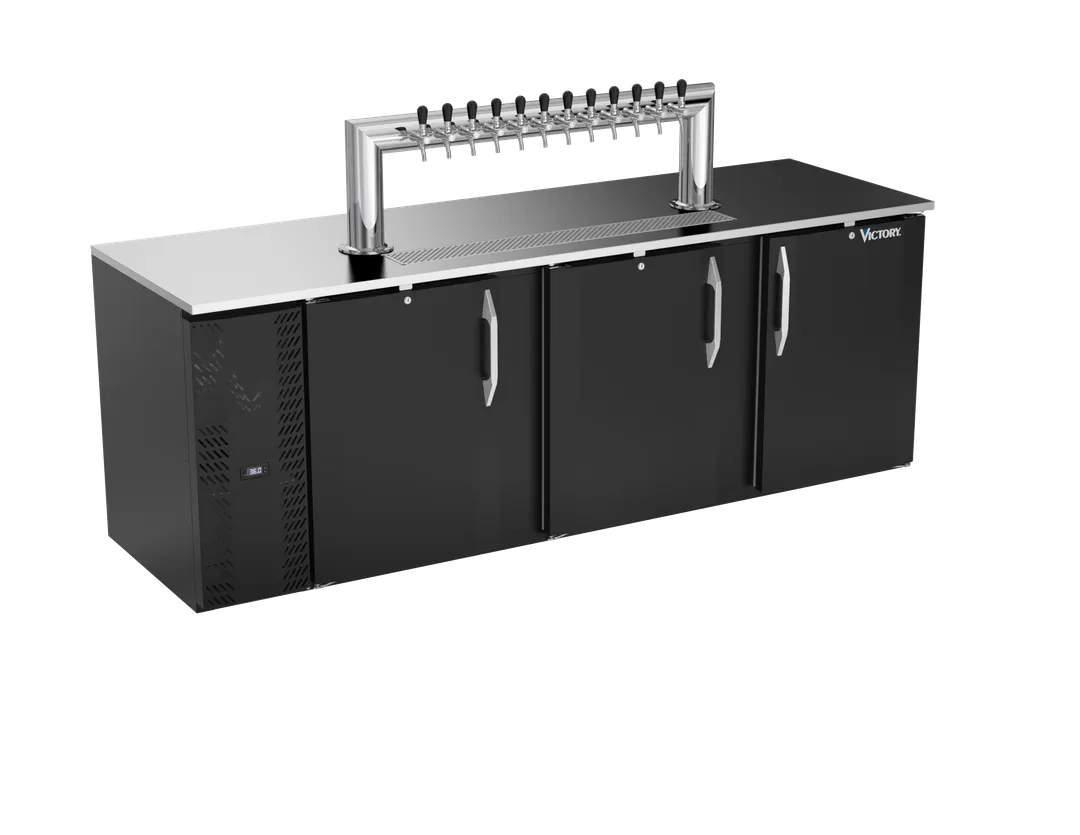 Victory VDD94HC-B-12T Draw Keg Cooler, 94×30‑1/8×49‑7/8", 5‑8½‑Barrel, Black 2‑Col 12‑Tap, Locks