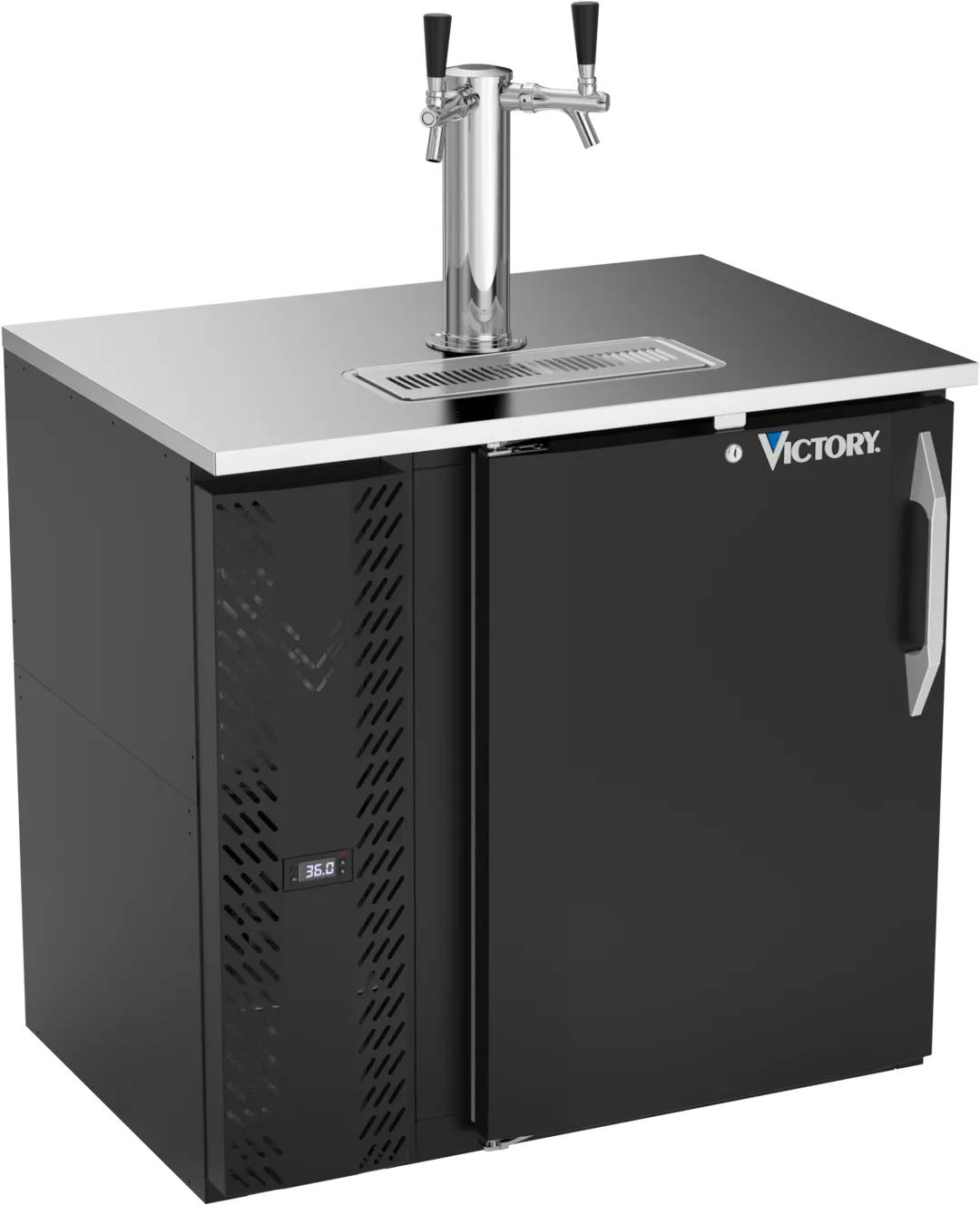 Victory VDDN36HC-B Keg Cooler, 36"W×26-1/8"D×49-5/16"H, Black/Steel, 1/2 Barrel, Dual Faucets, R290