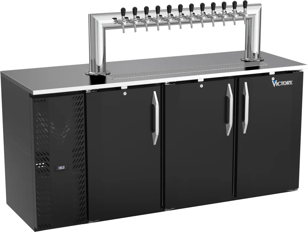 Victory VDDN72HC-B-12T Beer Cooler, 72"W X 26"D X 49"H, Finish, 3 Kegs, 12‑Tap Tower, 1/3 HP, 115V