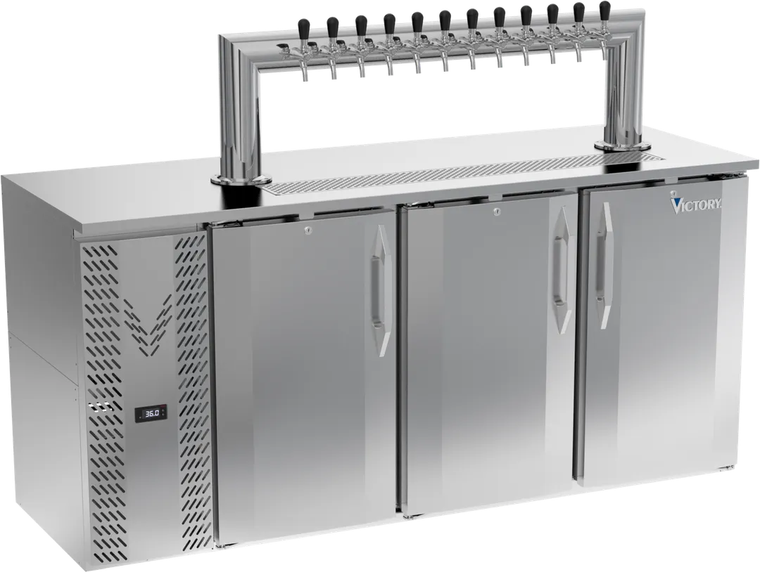 Victory VDDN72HC-S-12T Keg Cooler, 72"W x 26"D x 49"H, 23 cu ft, 3‑Half‑Barrel, 12‑Tap Tower