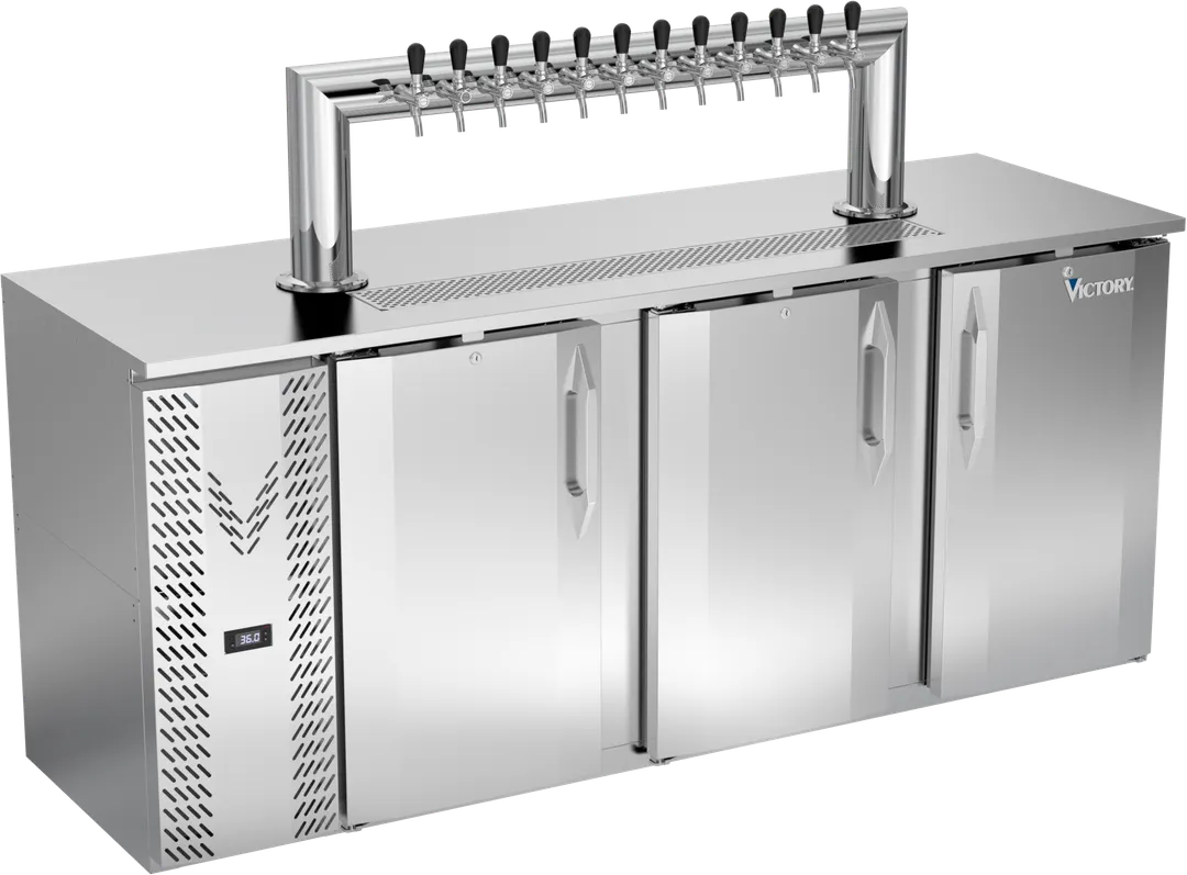 Victory VDDN78HC-S-12T Keg Cooler, 78"W x 26"D x 49"H, 4 ½-Barrel, 12‑Tap, Stainless R290 1/3 HP115V