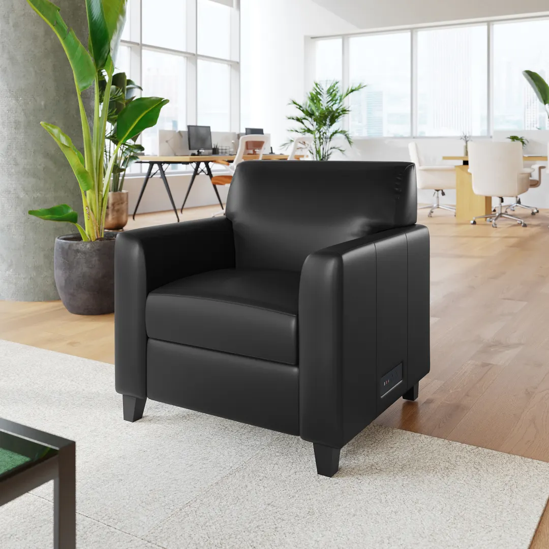 Flash Furniture BT-827U-1-BK-GG Reception Chair, 300 lb. Capacity, LeatherSoft Upholstery, Agent Black, Right Side Charging Bank