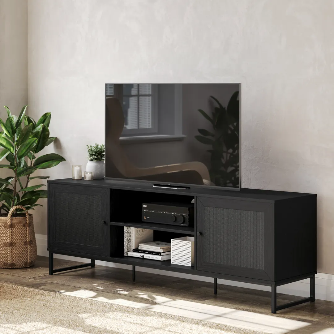 Flash Furniture EV-ET4216-ZZ-BLK-GG Malaki 65-inch Rectangular TV Stand, Black, Rattan Doors