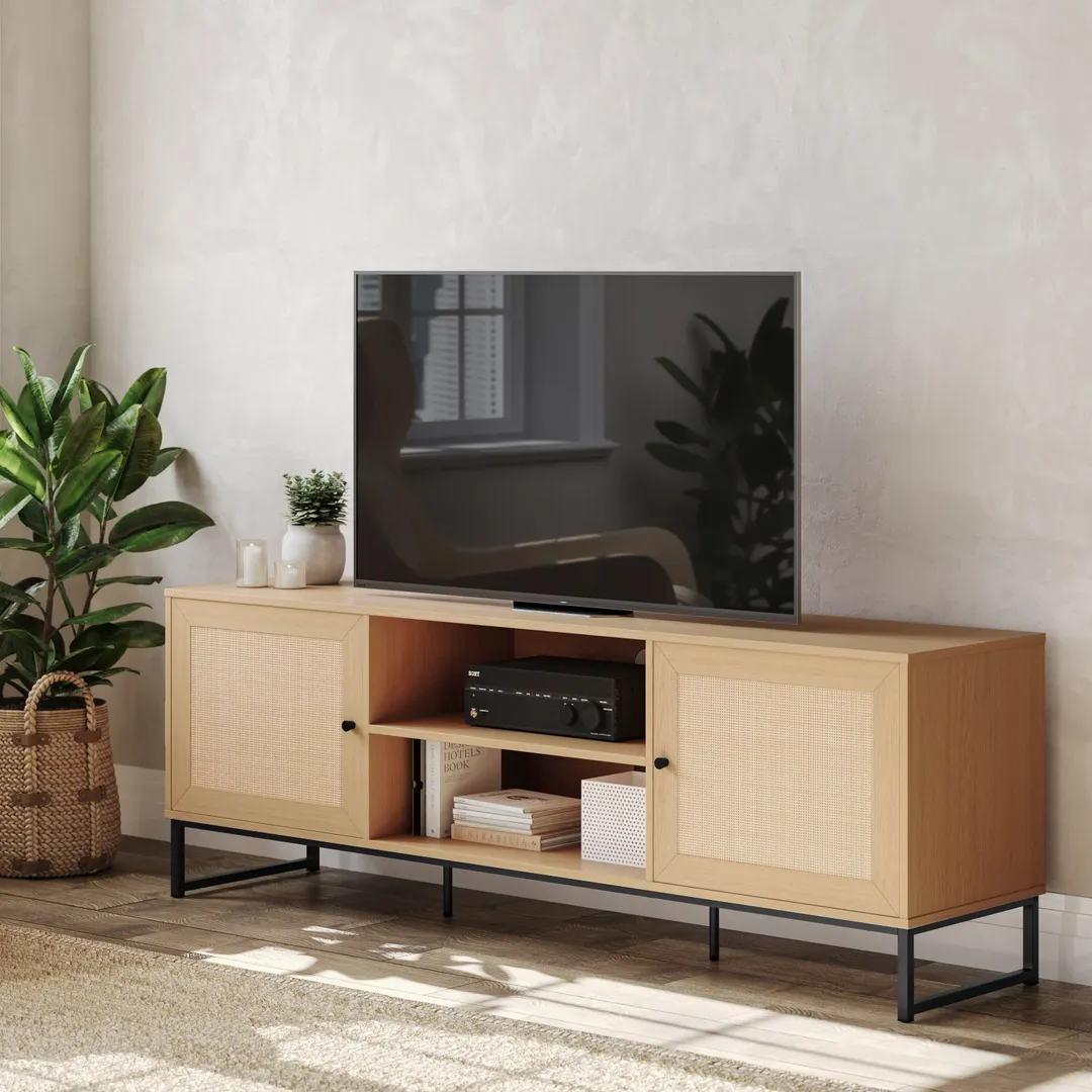 Flash Furniture EV-ET4216-ZZ-NAT-GG Malaki 65-inch Rectangular TV Stand, Natural Finish, Rattan Doors