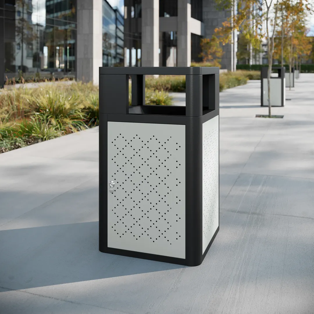 Flash Furniture UB-OTB-67W-BLK-SLV-GG - 31.4‑Gallon Trash Can, 38" H x 22" D, Black/Silver, Door