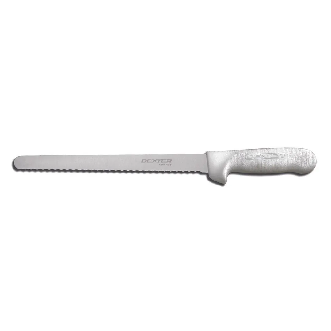 Dexter 13403 Sani‑Safe 10" Scalloped Edge Slicer Knife, High‑Carbon Steel Blade, White Handle