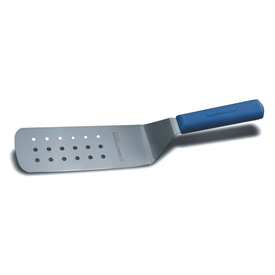 Dexter 19703C Sani‑Safe Perforated Turner, 8" x 3" Stainless Steel Blade, Blue Plastic Handle