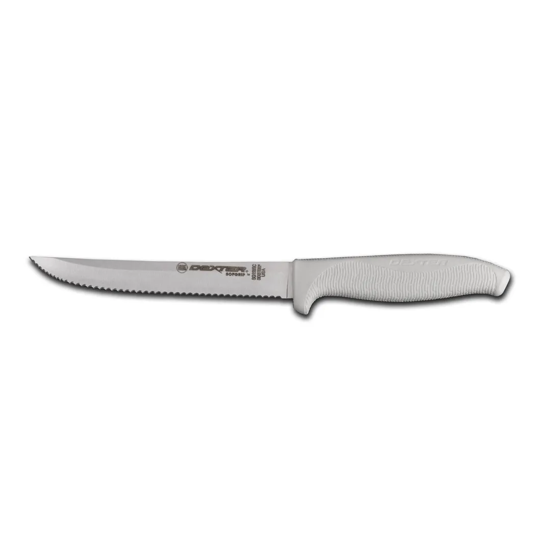 Dexter 24213 SofGrip Slicer Knife, 6" White Rubber Grip, Scalloped Edge, NSF