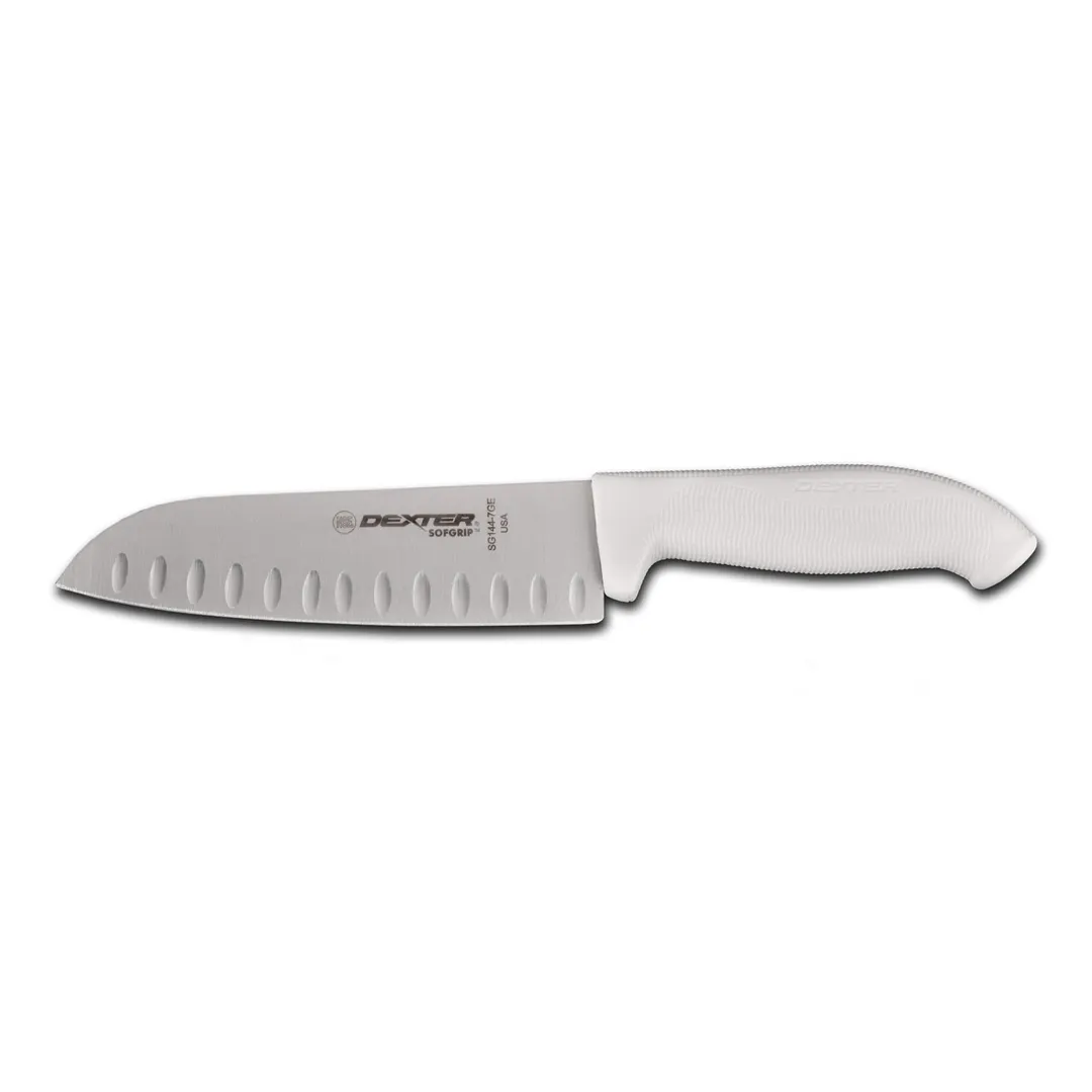 Dexter 24503 SofGrip Santoku Knife, 7" White Stainless Steel Blade, Granton Edge, Grip Handle