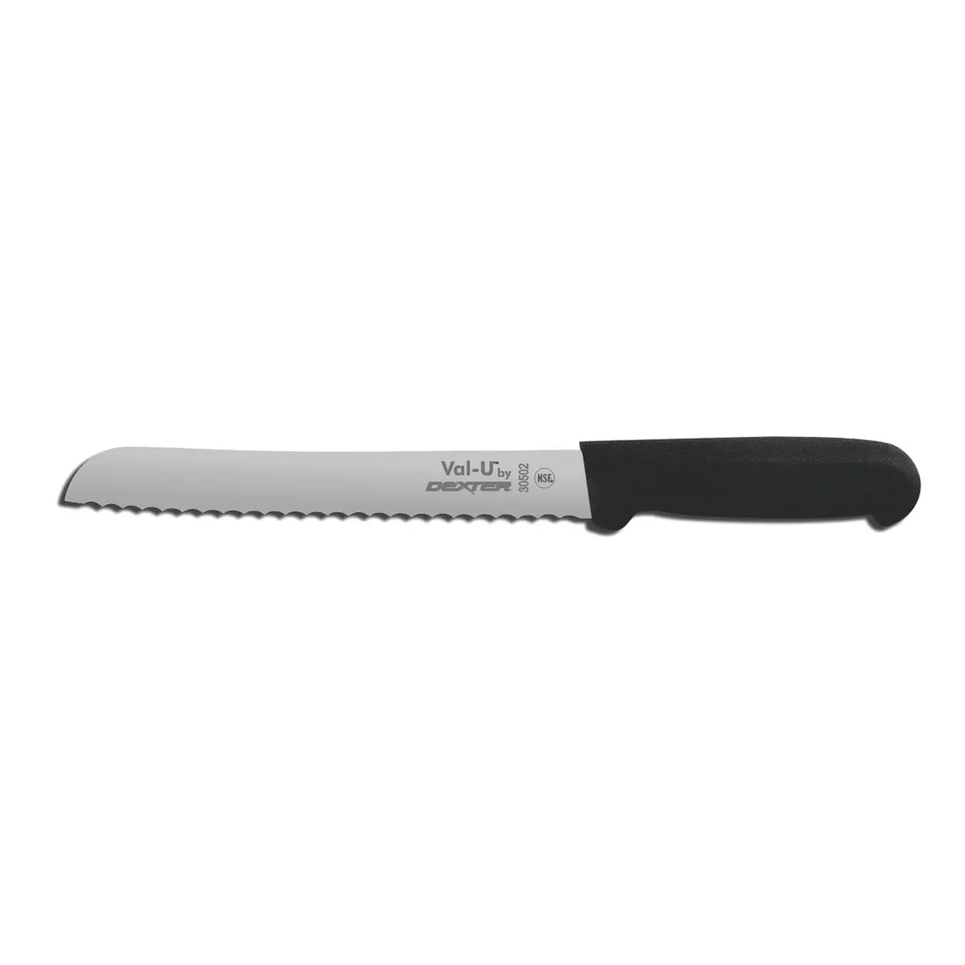 Dexter 30502 Bread Knife, 8" Stamped‑Scalloped Edge, DEXSTEEL Black Handle with Finger Guard, NSF