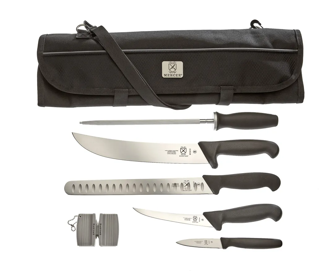 Mercer M13750 BBQ Knife Set 7-Pc 3" Paring 5.9" Boning 11" Carving 10" Cimeter/Steel NSF - 7/Bag