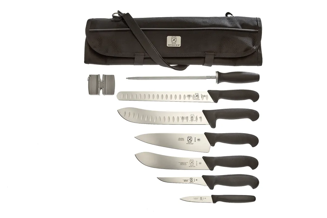Mercer M13752 Ultimate BBQ 9‑Pc Knife Set – Assorted knives, Pocket Sharpener, 7‑Pocket Roll - 1/Bag