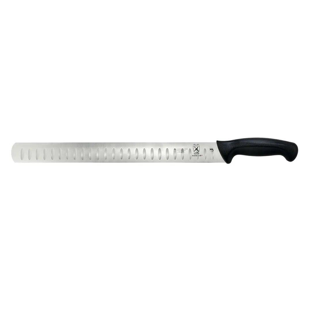 Mercer M13914 14" Stamped Slicer, Black Jap Steel, Santoprene/PP Handle, Guard, Granton Edge, NSF