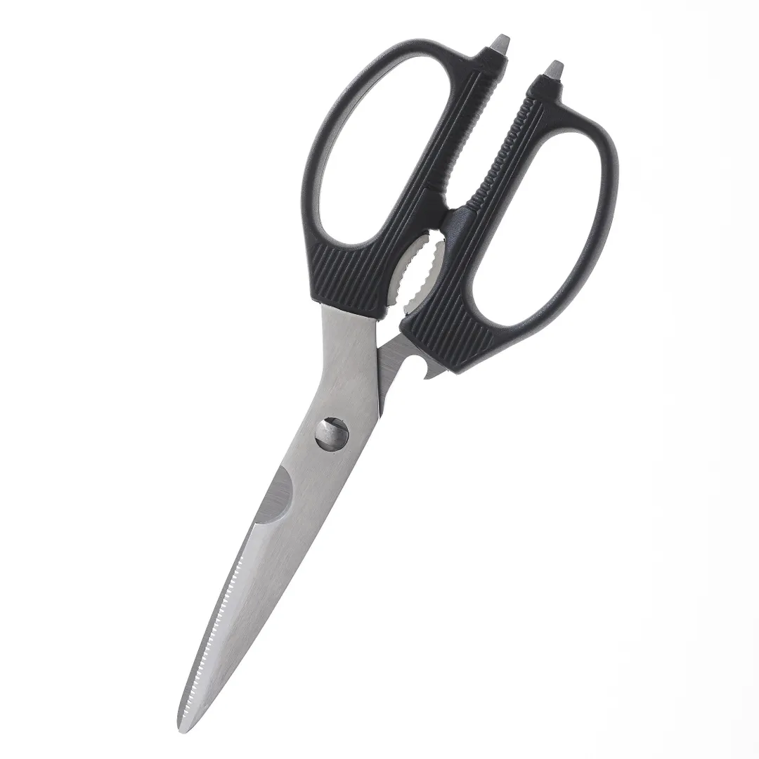 Mercer M14804 Kitchen Shears 8-7/8" Carbon Steel Blades Black Serrated Opener/Nutcracker/Lid NSF