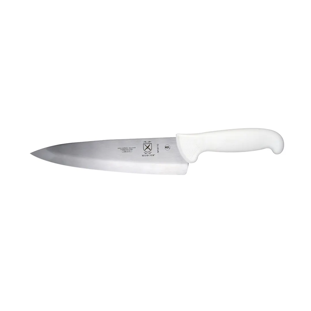 Mercer M18110 Chef Knife, 8" High Carbon Steel Blade, White Handle with Finger Guard, NSF