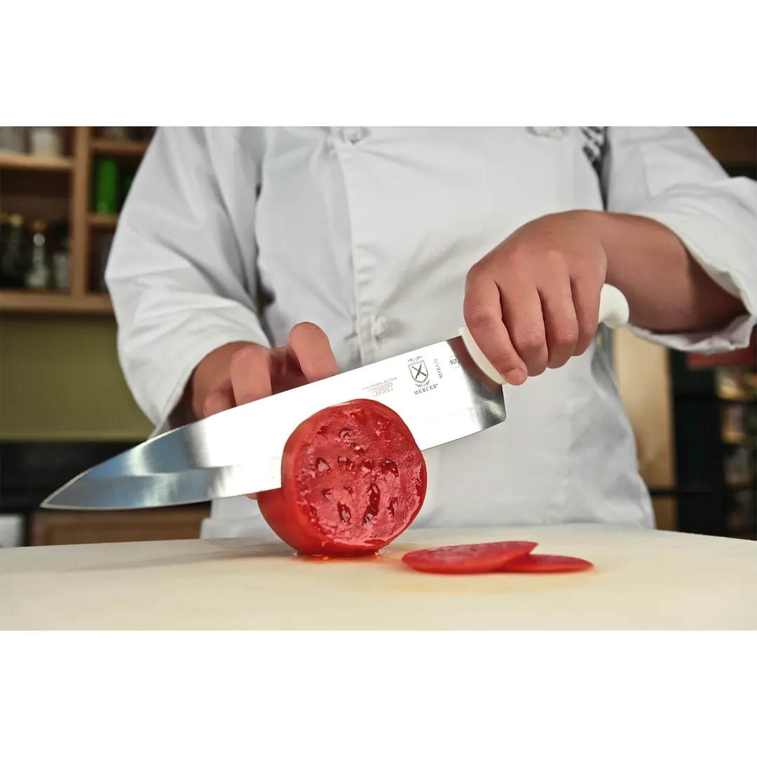Mercer M18120 Chef Knife – 10" Stamped Carbon Steel Blade, White Handle with Finger‑Points