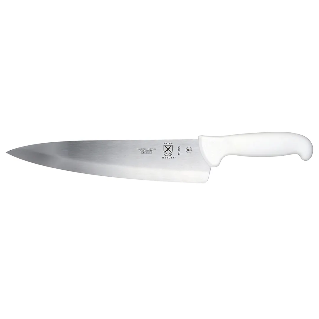 Mercer M18120 Chef Knife – 10" Stamped Carbon Steel Blade, White Handle with Finger‑Points