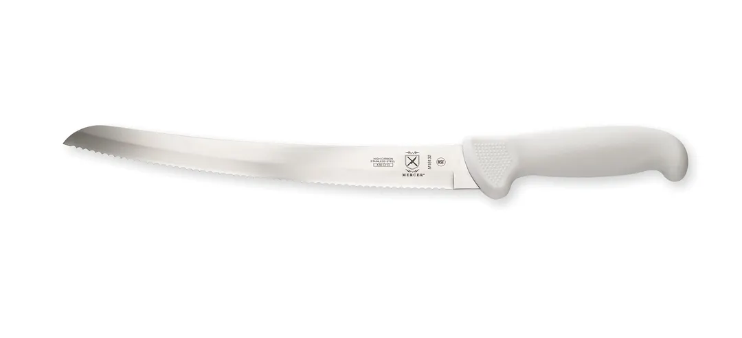 Mercer M18132 - 10" Bread Knife, Stamped HC Steel, White Poly Handle With Guard, Wavy Edge, NSF