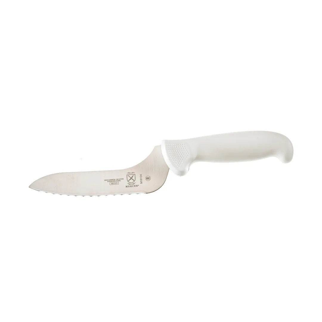 Mercer M18134 Bread Knife, 6" Stamped Japanese Steel, White Plastic Handle, Wavy Edge, Finger Guard