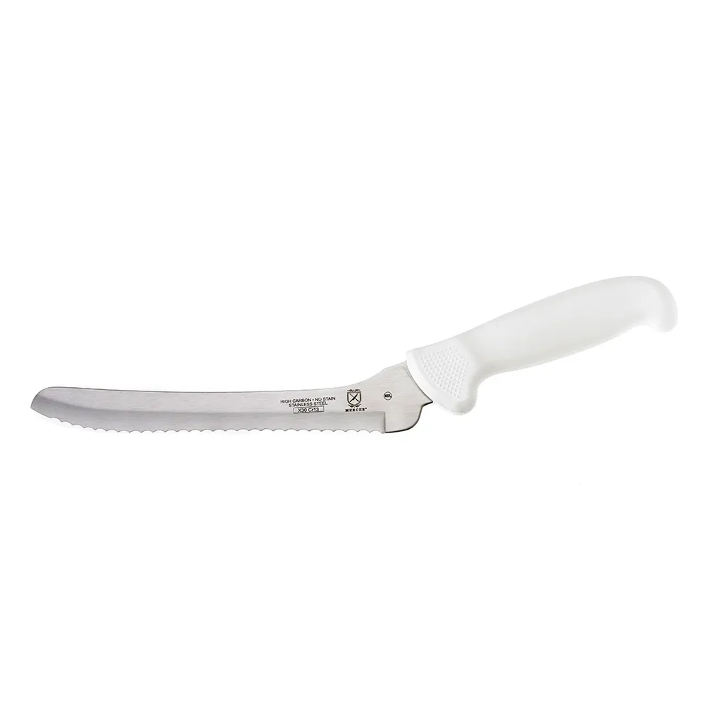 Mercer M18135 - 8" Bread Knife, High Carbon Steel Blade, White Plastic Handle, Guard, NSF