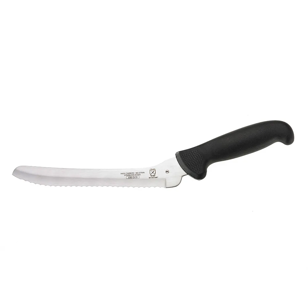 Mercer M18135BK Bread Knife, 8" Stamped Japanese Steel, Black Plastic Handle, Wavy Edge, Guard, NSF
