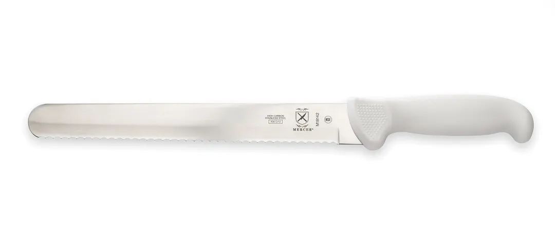 Mercer M18142 10" Stamped Steel Slicer Knife, White Handle, Wavy Edge, Finger Guard, NSF